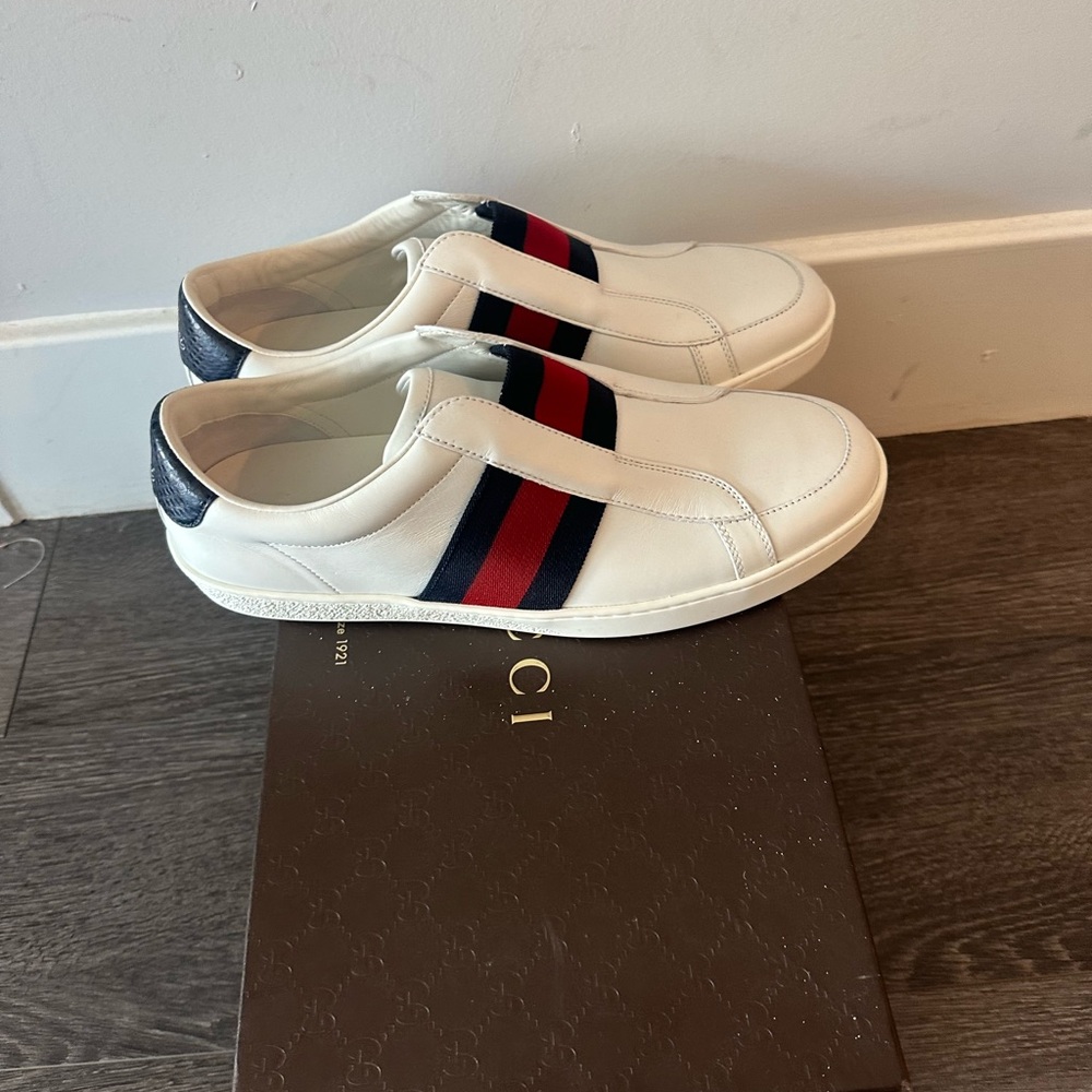 Gucci White and Blue Sneakers with Leather Upper